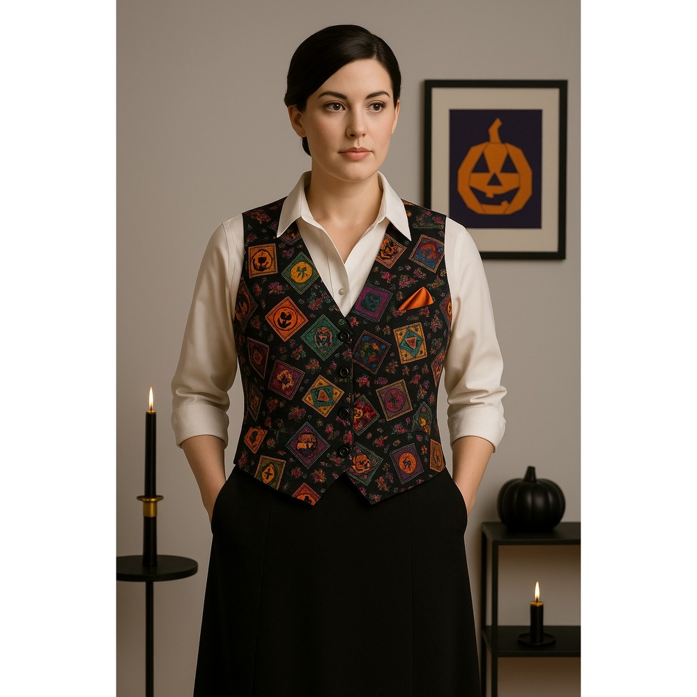 Basic Editions Halloween Vest Womens M Black Cat Pumpkin Novelty Spooky Festive‎
